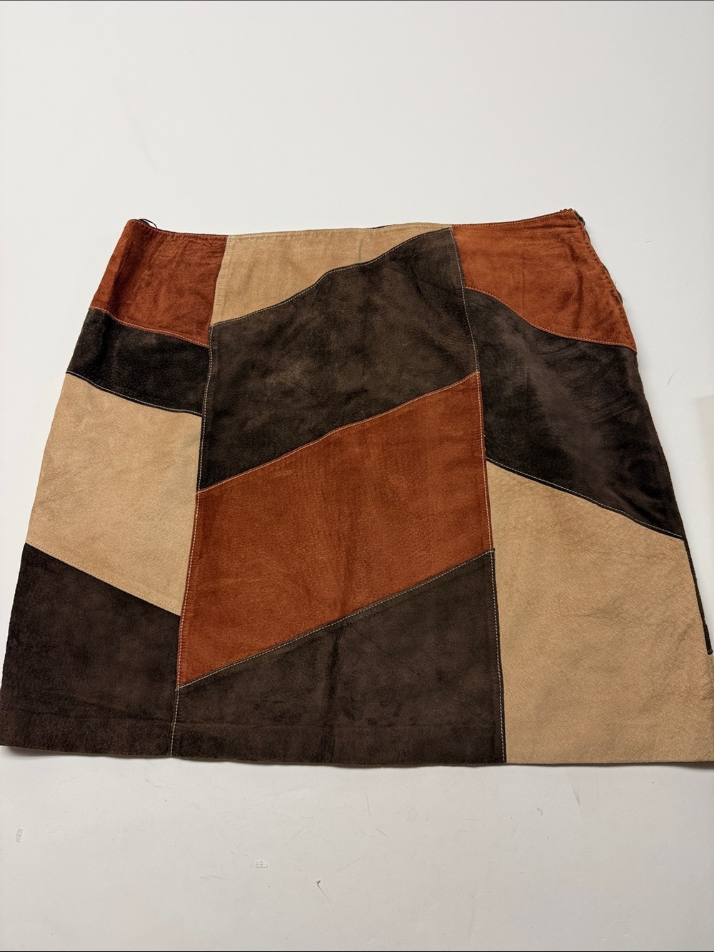 Vintage Apostrophe Patchwork Suede Mini Skirt in Brown, Tan & Rust